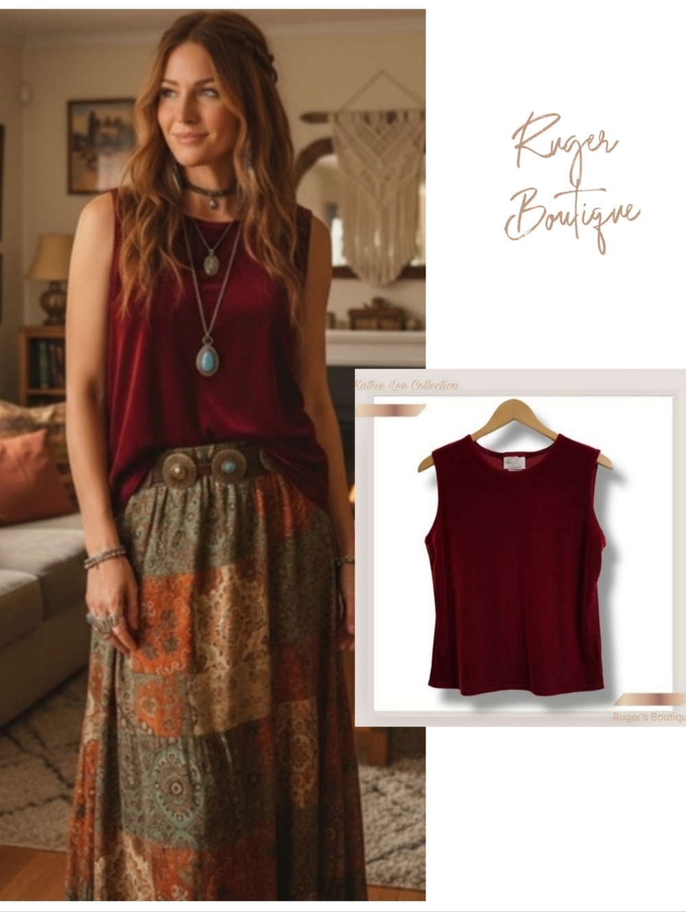 🌿Vintage Kathie Lee Collection Women's Large Red Velvet Sleeveless Top